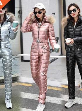 New Shining One-Piece Ski Suit Women Warm Skiing Jumpsuit Sn