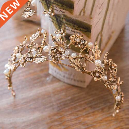 Vintage Baroque Gold Pearl Leaf Bridal Tiara Crystal Crown H