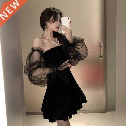 Fashion Mesh Stitching Bubble Sleeve Dresses Women Spring &a