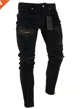 2022 Black Stretch Skinny Fit Bottom Zipper Jeans Men Knee R