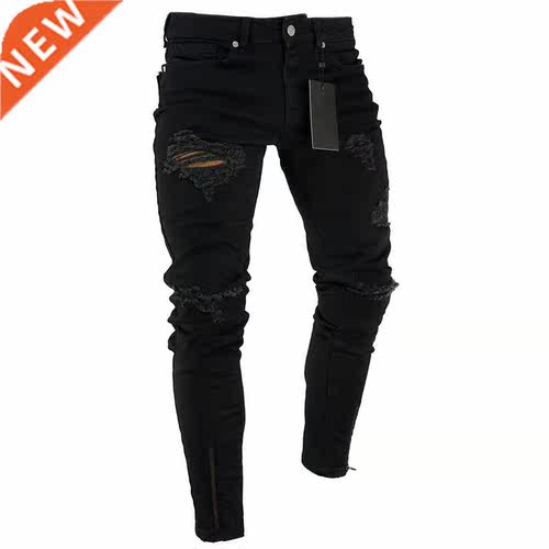 2022 Black Stretch Skinny Fit Bottom Zipper Jeans Men Knee R