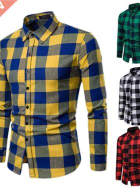 Men's Plaid Long Sleeve Shirts Business Dress Shirt ops Slim