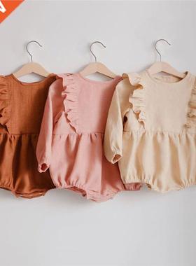 Summer Newborn Baby Girls Romper Striped Linen Cotton Long S