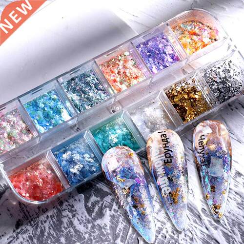 12 Grids Iridescent Opal Flakes Nails Glitter Blue Ice Effec