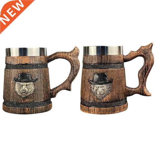 German Retro Wood Style Beer Mug Large-capacity Stainless St