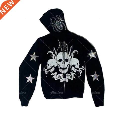 Women Rhinestone Spider Skull print Sreetwear Oversized Hood
