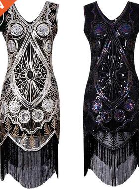 1920复古连衣裙手编亮片深V流苏晚会礼服Gatsy Flapper Dress