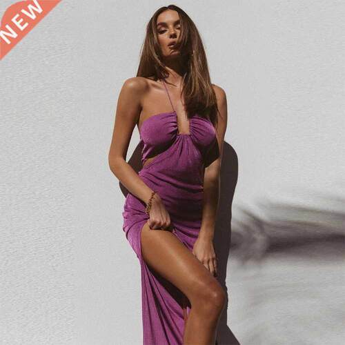 Women Halter Cut Out Backless Corset Midi Dress High Waist S