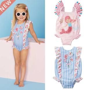 0-7Y Kids Baby Girl Swimwear Striped Ruffles Strap One-Piece