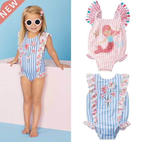 0-7Y Kids Baby Girl Swimwear Striped Ruffles Strap One-Piece