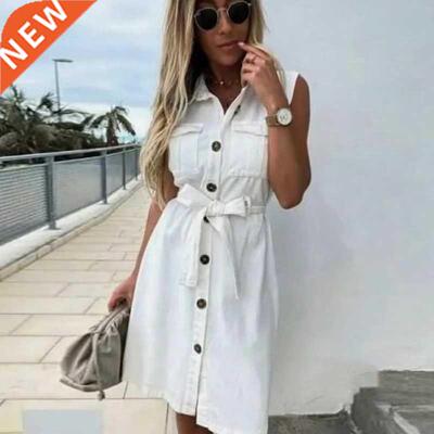 Women Vintage Front Button Sashes Sheath Party Dress Sleevel