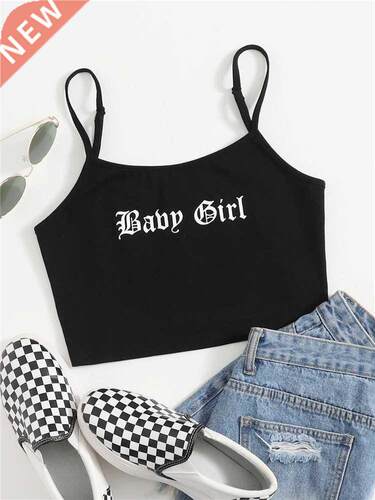 Gothic Letter Graphic Spaghetti Strap Crop Cami Top Women Su