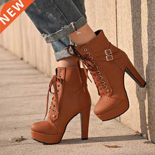Plus Size Ankle Boots Women Platform High Heels Female Lace