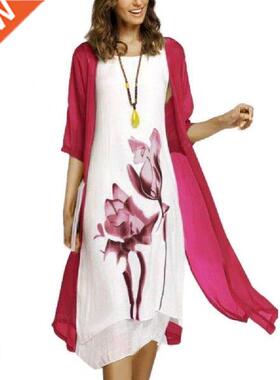 2Pcs/Set Women Dress Suit Vintage Flower Ink Painting