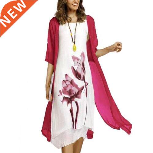 2Pcs/Set Women Dress Suit Vintage Flower Ink Painting