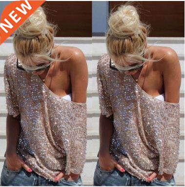 Women Off Shoulder Sequin Top T Shirts Streetwear Loose Tees