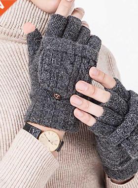Unisex Wool Knitted Fingerless Flip Gloves Winter Warm Fing