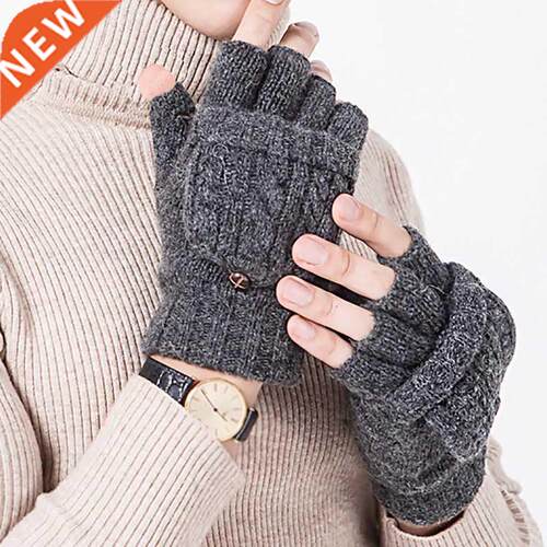 Unisex Wool Knitted Fingerless Flip Gloves Winter Warm Fing