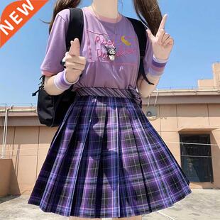 Women Purple Black Y2K Pleated Plaid Skirt Glir High Waist M