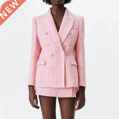 2022 New Women's Set Pink Tweed Double Breasted Blazer Coat