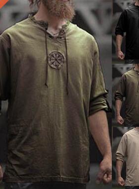 Men Plus Size Shirt Top Ancient Viking Embroidery Lace Up V