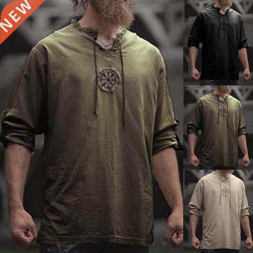 Men Plus Size Shirt Top Ancient Viking Embroidery Lace Up V