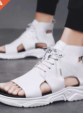 Men's Summer Sandals Leather Open Toe Thick Soled Hollow Lac