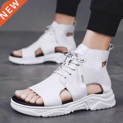 Men's Summer Sandals Leather Open Toe Thick Soled Hollow Lac