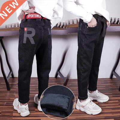 Boys Fleece Pants Autumn Winter Black Jeans Kids Casual Trou