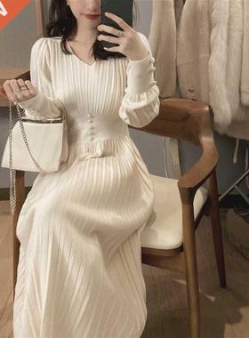 Knitted Dress Women Casual Long Sleeve Vintage Elegant Offic