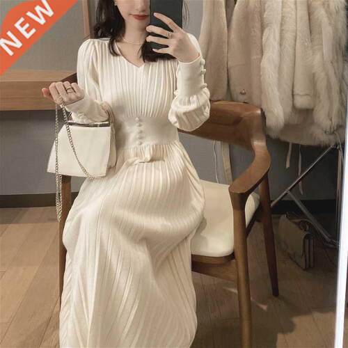 Knitted Dress Women Casual Long Sleeve Vintage Elegant Offic