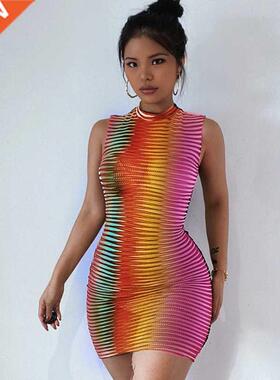 Hawthaw Women Summer Sleeveless See Through Bodycon Striped