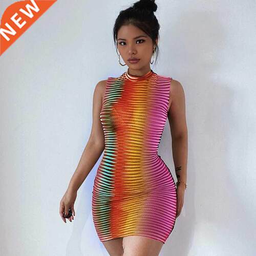 Hawthaw Women Summer Sleeveless See Through Bodycon Striped