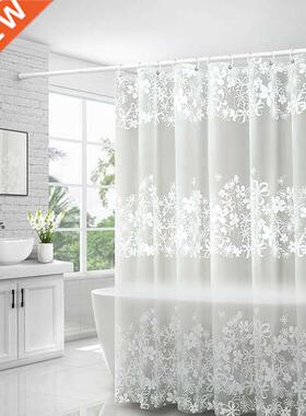 Printed white shower curtain with hooked PEVA bathroom tra