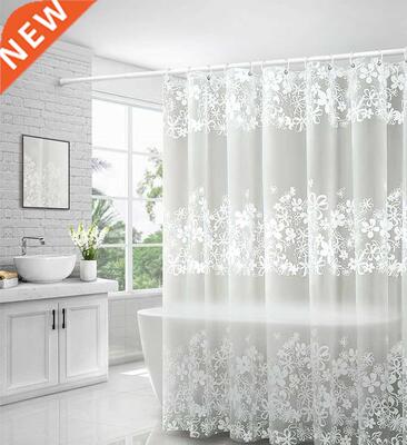 Printed white shower curtain with hooked PEVA bathroom tra