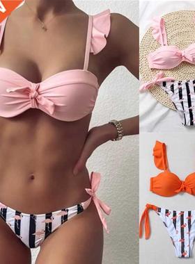 Women's 2Pcs Summer Beach Bathing Suit Bowknot Ruffle Sleeve