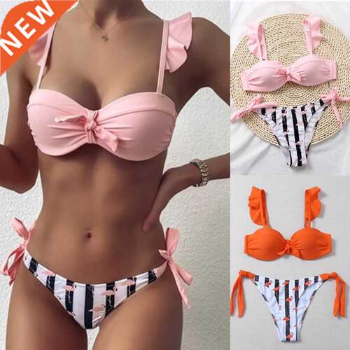 Women's 2Pcs Summer Beach Bathing Suit Bowknot Ruffle Sleeve