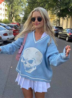 4 Color Spring Autumn Women Long Sleeve Skull Print Knit Swe