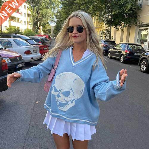 4 Color Spring Autumn Women Long Sleeve Skull Print Knit Swe