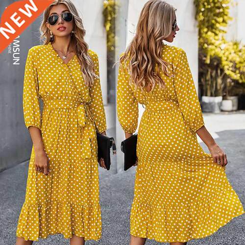 autumn dress women long dresses beach 波点连衣裙女秋印花长裙
