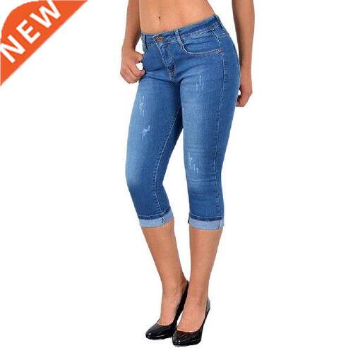 Women Fashion High Waist Skinny Jeans Knee Length Denim