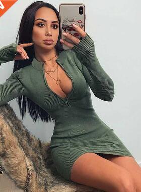 Women Winter Fall Bodycon Ribbed Dress New Stand Collar Zip