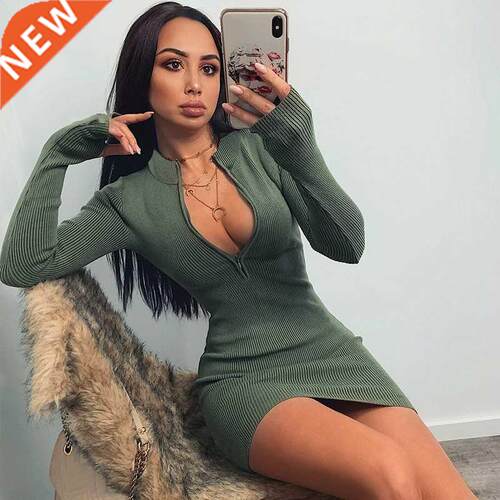 Women Winter Fall Bodycon Ribbed Dress 2020 New Stand Collar