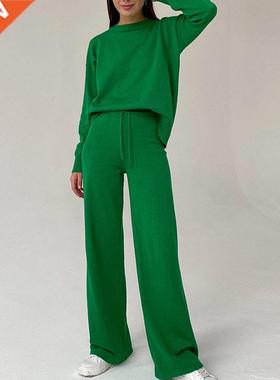 Women's Knitted Pants Suit Women Long Sleeve Winter Green Sw