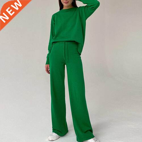 Women's Knitted Pants Suit Women Long Sleeve Winter Green Sw