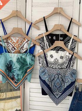 Patched Printed Camisole Top Summer Women Tank Crop Tops Gir