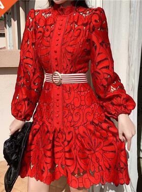 Vintage Hlow Out Lace Floral Embroidery Dress Spring Autum