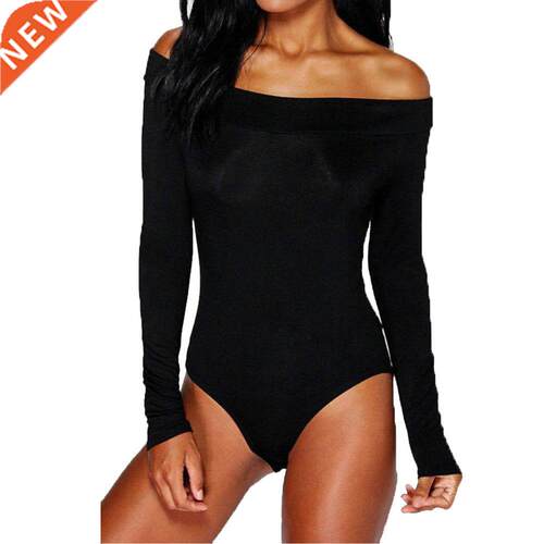 Women Off Shoulder Long Sleeve Strechy Bardot Bodysuit Top