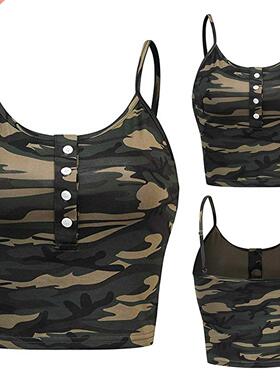 35# Summer Camouflage Print Crop Top Women Sleeveless O-neck