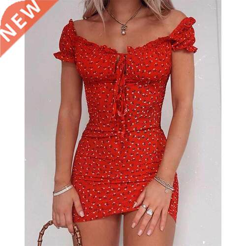 Women Floal Wa Dess Off Shoul Tie U Font uffle Min